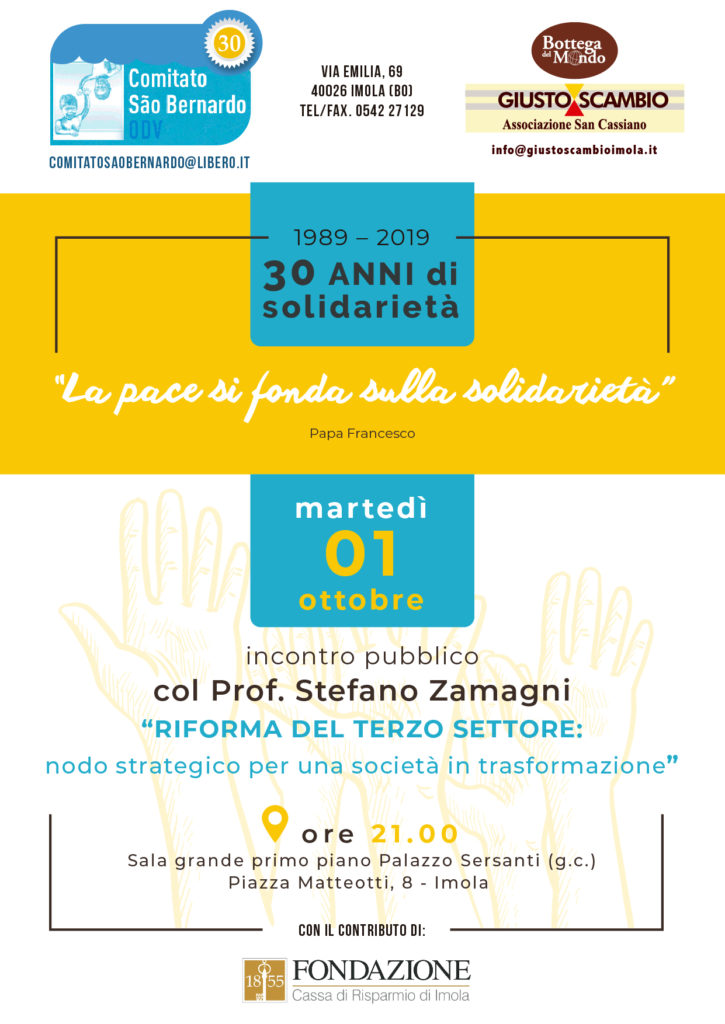 Incontro con il professo Stefano Zamagni martedì 1 ottobre 2019, Piazza Matteotti 8, Imola